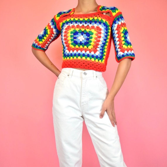 vintage 70s rainbow crochet crop top