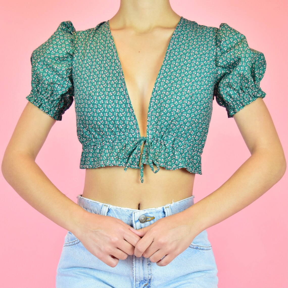 Handmade green floral puff sleeve crop top Etsy