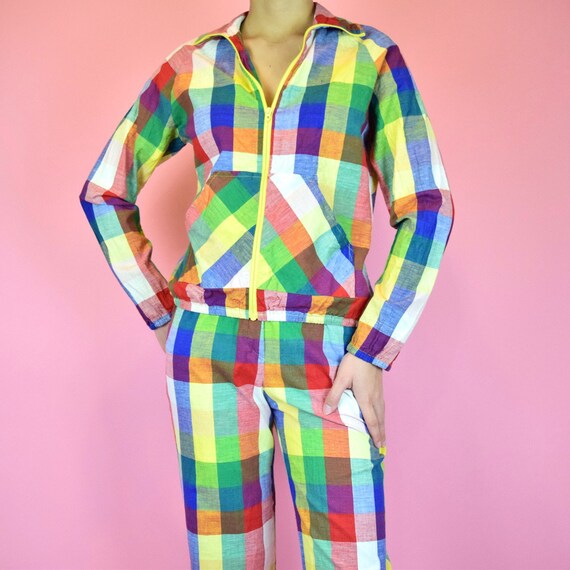 vintage 60s rainbow checkered two piece set