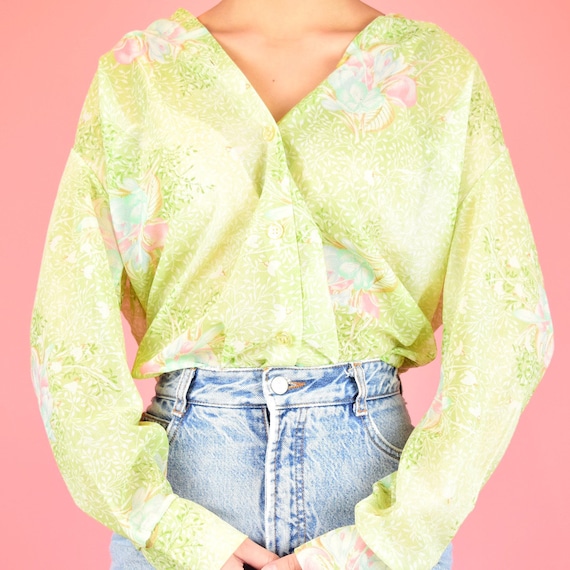 vintage 70s green floral blouse