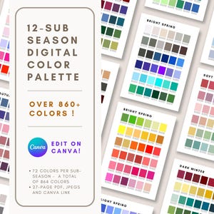 Puede incluir: Paleta de colores digital con 12 estaciones y más de 860 colores. La imagen muestra múltiples paletas de colores con el texto "12-SUB SEASON DIGITAL COLOR PALETTE" y "EDIT ON CANVA!"