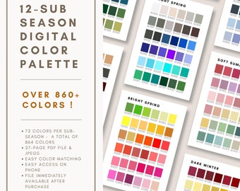 12 seizoenskleurenpalet | 864 kleuren met HEX- en RGB-codes | Persoonlijke kleuranalyse, kledingkast, shopgids | Directe pdf, jpeg-download