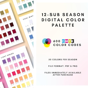 Pode incluir: Paleta de cores digital com 600 códigos de cores CMYK, 50 cores por estação. A imagem mostra amostras de cores para Dark Autumn, Light Spring e Cool Winter. Disponível em formatos PDF e PNG.