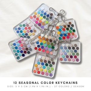 Può includere: Portachiavi in acrilico trasparente con una griglia di punti colorati, ognuno rappresentante una palette di colori stagionali. I portachiavi misurano 5 x 5 cm e presentano 27 colori per stagione. Il testo recita "12 SEASONAL COLOR KEYCHAINS".
