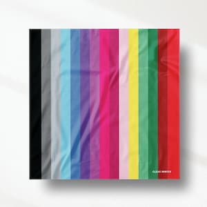 Peut inclure: Un échantillon de tissu carré présentant un motif à rayures verticales dans un spectre de couleurs incluant noir, gris, bleu clair, violet, magenta, rose, jaune, vert et rouge, avec le texte CLEAR WINTER imprimé dans le coin inférieur droit.