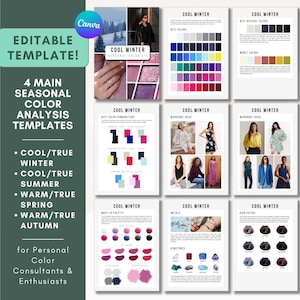 Könnte beinhalten: Ein digitales Set mit Vorlagen zur saisonalen Farbanalyse, bestehend aus acht Seiten mit Farbpaletten, Garderobenideen, Make-up-Mustern und Haarfarbentabellen für die Saison Winter, präsentiert auf einem dunkelgrünen Hintergrund.