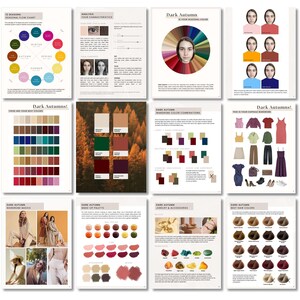 May include: A guide to the Dark Autumn color palette, featuring a color wheel, swatches, and outfit inspiration. The guide includes information on makeup, jewelry, and hair color.