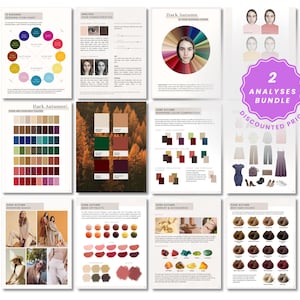 Pode incluir: Uma coleção de gráficos e guias de análise de cores, incluindo paletas de cores sazonais, itens básicos de guarda-roupa e sugestões de maquiagem. A imagem apresenta um "2 Analyses Bundle" com preço com desconto, oferecendo um guia completo.