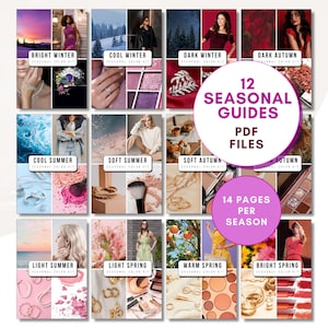 Op de afbeelding: Een collage van 12 seizoensgebonden kleurengidsen in PDF-formaat, elk met 14 pagina's per seizoen. De gidsen bevatten afbeeldingen van mode, make-up en sieraden, gecategoriseerd per seizoen zoals Bright Winter, Cool Summer en Warm Spring.