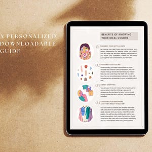 May include: A digital guide on the benefits of knowing your ideal colors. The guide lists four benefits: enhance your appearance, personalized styling, smart shopping, and coordinated wardrobe & getting ready is easier. Each benefit is illustrated with a colorful cartoon image.