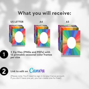 May include: Three stacks of printable papers in US Letter, A4, and A3 sizes with colorful seasonal frames. Each stack has 12 printable papers. The image includes the text "What you will receive:" and "3 Zip files (PNGs and PDFs) with 12 printable seasonal color frames per size".