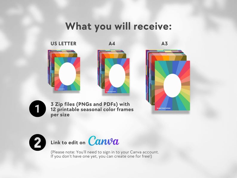 May include: Three stacks of printable papers in US Letter, A4, and A3 sizes with colorful seasonal frames. Each stack has 12 printable papers. The image includes the text "What you will receive:" and "3 Zip files (PNGs and PDFs) with 12 printable seasonal color frames per size".