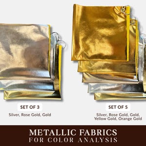 Metallic Fabrics Set for Seasonal Color Analysis – Grommet Drape Kit with Gold, Silver, Pink Rose Gold Tones – Set of 3 and 5 Tones