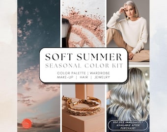 Zachte zomergids | 12 seizoensanalysekits en digitale tool voor persoonlijke kleuren | Tips voor palet, styling, make-up, haarkleur, sieraden-pdf