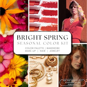 May include: A collage of images showcasing the Bright Spring seasonal colour palette. The palette includes a variety of colours, including coral, peach, yellow, and green. The images also feature a woman wearing a coral top and a close-up of jewellery.