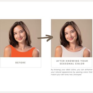以下が含まれることがあります： 女性の2つの肖像画を比較した画像。左の画像は、オレンジ色のトップスを着た女性で、「BEFORE」と表示されています。右の画像は、クリーム色のトップスを着た女性で、「AFTER KNOWING YOUR SEASONAL COLOR」と表示されています。