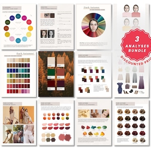 May include: A collection of color analysis charts and guides. The pages feature color palettes, seasonal color charts, and wardrobe suggestions. A red badge with the text "3 ANALYSES BUNDLE DISCOUNTED PRICE" is also visible.