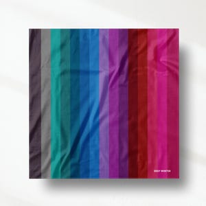 May include: A square fabric swatch featuring a vertical striped pattern in a gradient of colors including charcoal, gray, teal, blue, purple, magenta, and deep red. The text DEEP WINTER is printed in white in the bottom right corner of the fabric.