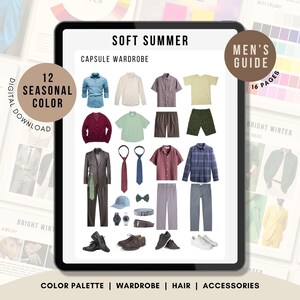 May include: A digital guide titled Soft Summer Capsule Wardrobe featuring a collection of clothing items including shirts, trousers, shorts, a suit, ties, a cap, a watch, a belt, and shoes, displayed on a tablet screen with text overlays.