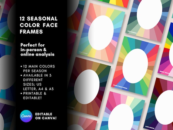 12 Seasonal Color Face Frames | Printable PNG, PDF + Canva Editable | Color Analysis Tool for Stylists, Consultants & Enthusiasts