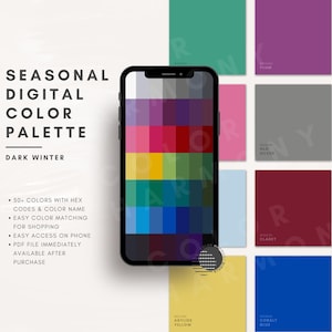May include: A digital color palette for Dark Winter season. The palette includes 50 colors with hex codes and color names. The palette is easy to use for color matching and shopping. The palette is available as a PDF file that can be accessed on a phone.