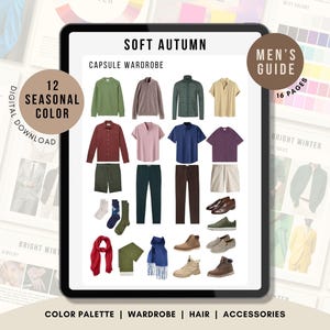 Peut inclure: Un guide numérique intitulé Soft Autumn Capsule Wardrobe présentant une collection de vêtements comprenant des pulls, des chemises, des pantalons, des shorts, des chaussures et des accessoires dans des tons terreux comme le vert olive, le bordeaux et le beige.
