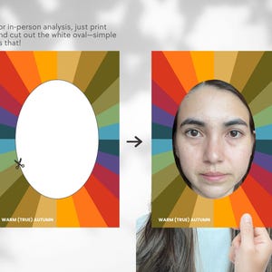 May include: A color wheel with a cut-out oval for a face. The color wheel is divided into sections of different colors, including red, orange, yellow, green, blue, and purple. The text "WARM (TRUE) AUTUMN" is printed at the bottom of the wheel.