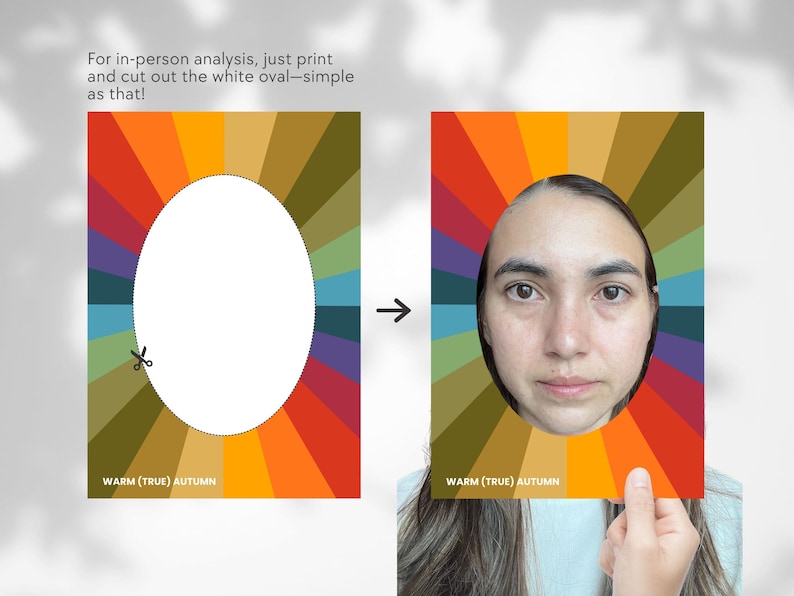 May include: A color wheel with a cut-out oval for a face. The color wheel is divided into sections of different colors, including red, orange, yellow, green, blue, and purple. The text "WARM (TRUE) AUTUMN" is printed at the bottom of the wheel.