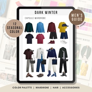 May include: A digital guide titled Dark Winter Capsule Wardrobe featuring a collection of clothing items including shirts, trousers, shorts, blazers, and accessories in various colours like navy, burgundy, mustard, and grey, displayed on a tablet screen.