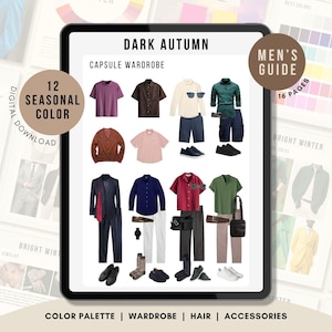 Op de afbeelding: Een digitaal tabletscherm met een Dark Autumn capsulegarderobegids. De lay-out bevat diverse kledingstukken zoals overhemden, broeken, jassen en accessoires in aardetinten, voorzien van tekstlabels zoals 12 Seasonal Color en Men's Guide.