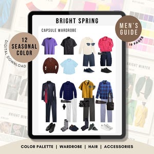 Op de afbeelding: Een digitale gids getiteld Bright Spring Capsule Wardrobe weergegeven op een tabletscherm. De gids bevat diverse kledingstukken zoals overhemden, broeken, blazers en accessoires gerangschikt in outfits, naast kleurenpaletkaarten.