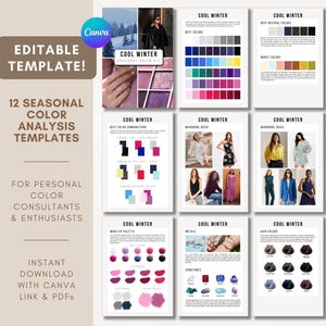 May include: A digital template set for seasonal colour analysis, featuring 12 templates. The design includes colour palettes, wardrobe ideas, and makeup palettes. The text includes "COOL WINTER" and "EDITABLE TEMPLATE!"