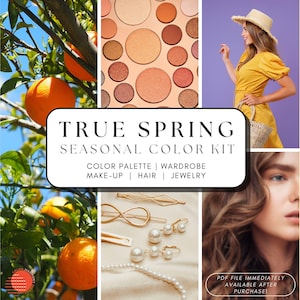 Op de afbeelding: Een collage van afbeeldingen die een True Spring seizoenskleurenset laten zien. De set bevat een kleurenpalet, kledingadviezen, make-uptips, haartips en sieradenadviezen. De afbeeldingen tonen een levendige sinaasappelboom, een make-uppalet met warme tinten, een vrouw in een gele jurk en een close-up van het gezicht van een vrouw met bruin haar.