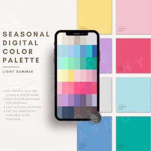 Puede incluir: Una paleta de colores digital para el verano claro que presenta 50 colores con códigos hexadecimales y nombres de colores. La paleta se muestra en la pantalla de un teléfono inteligente e incluye una variedad de tonos de azul, rosa, verde y amarillo.