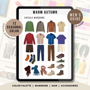 Op de afbeelding: Een digitale gids getiteld Warm Autumn Capsule Wardrobe met een collectie kledingstukken waaronder overhemden, truien, broeken, shorts, schoenen en sjaals in diverse aardetinten, blauw- en groentinten, weergegeven op een tabletscherm.