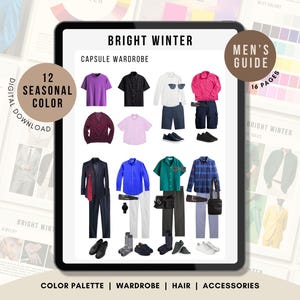 May include: A digital tablet displaying a Bright Winter capsule wardrobe guide. The screen shows various clothing items including shirts, trousers, jackets, and accessories in vibrant colours like purple, blue, green, and pink, organised into outfits.