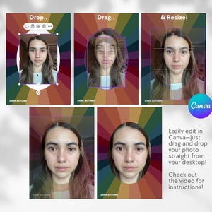 May include: A Canva graphic design tutorial showing how to easily edit photos by dragging and dropping them into a design. The tutorial shows a woman's face in different stages of editing, with the text "Drop...", "Drag...", and "& Resize!" above each stage.