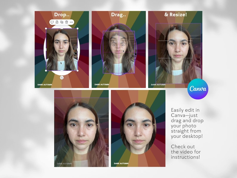 May include: A Canva graphic design tutorial showing how to easily edit photos by dragging and dropping them into a design. The tutorial shows a woman's face in different stages of editing, with the text "Drop...", "Drag...", and "& Resize!" above each stage.