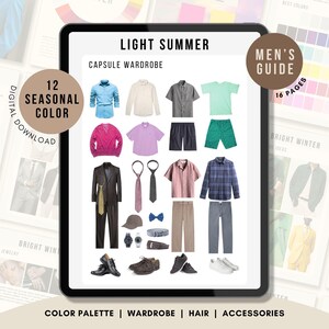 Op de afbeelding: Een digitale gids getiteld Light Summer Capsule Wardrobe met een collectie kledingstukken waaronder overhemden, broeken, shorts, een pak, dassen, schoenen en accessoires in kleuren zoals blauw, roze, grijs en beige op een tabletscherm.