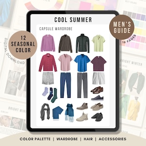 May include: A digital guide titled Cool Summer Capsule Wardrobe featuring a 16-page men's guide and 12 seasonal colour digital download. The display shows various clothing items including shirts, trousers, shorts, shoes, scarves, and socks in cool tones.
