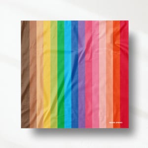 May include: A square fabric textile featuring a vertical striped pattern in a gradient of colours including brown, tan, yellow, green, blue, purple, pink, orange, and red. The bottom right corner displays the white text WARM SPRING.