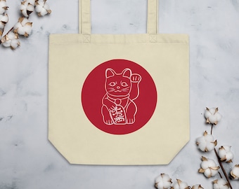 Bag in ecological organic cotton fabrics with design of Lucky Cat Maneki-neko white on Japanese red flag for fans of Japan