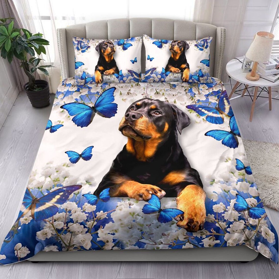 Custom Rottweiler with blue butterfly 3D Bedding set Twin Etsy