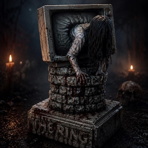 May include: A detailed figurine depicting a figure with long dark hair emerging from a vintage television set mounted on a stone well base. The base features the text THE RING in raised letters, with blood-like red stains on the stone and figure.