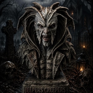 May include: A grey, textured bust of the creature from Jeepers Creepers, featuring sharp facial features, pointed ears, and a tattered coat. The base of the sculpture is rectangular and clearly displays the embossed text JEEPERS CREEPERS.