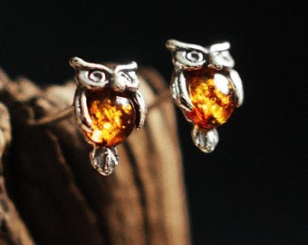 Owl Stud Earrings – Baltic Amber Jewelry – Sterling Silver Owl Earrings – Animal Gift for Her
