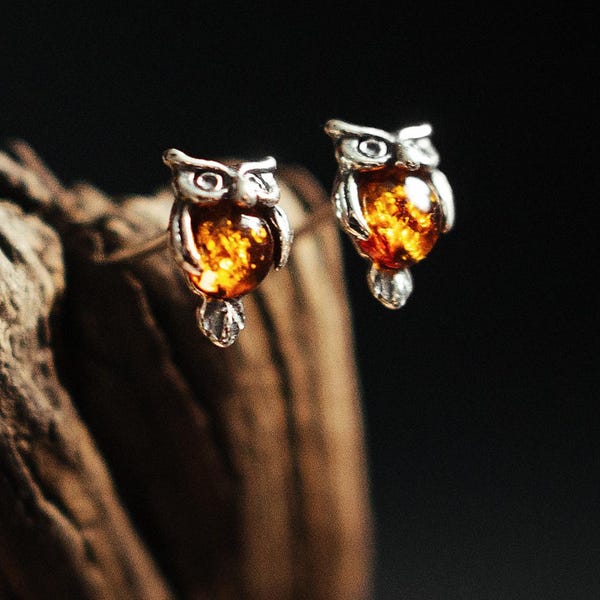 Owl Stud Earrings – Baltic Amber Jewelry – Sterling Silver Owl Earrings – Animal Gift for Her