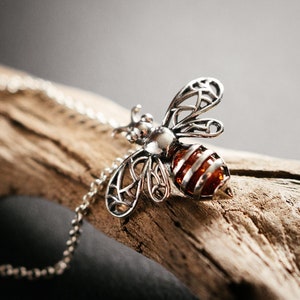 Natural Baltic Amber Bee Pendant, Sterling silver, Honey Bee, Bumble Bee Charm, 3D insect sculpture, 925 Sterling Silver Gift