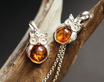 Sterling Silver Owl Pendant: Handmade Baltic Amber Bird Charm