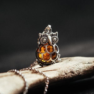 Ciondolo gufo in argento con ambra all&#39;interno della pancia. Gufo traforato 3D. Animale domestico in tre dimensioni. Simbolo di saggezza. Gioiello romantico. Ciondolo gufo.